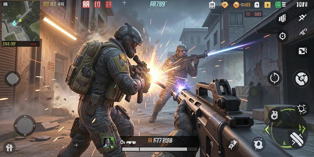 Screenshot menunjukkan aksi menegangkan dalam game FPS RR789.