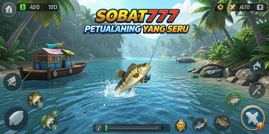 Gameplay SOBAT777 dengan pemandangan alam yang indah saat memancing.