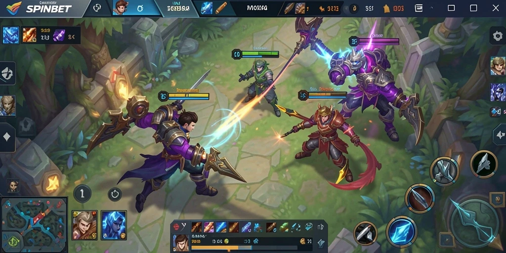 Gameplay SPINBET dengan pertarungan karakter MOBA yang seru.